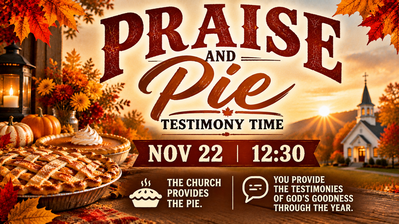 Praise and Pie Testimony Time, Sunday, November 22 at 12:30 PM, Elmwood Baptist Church